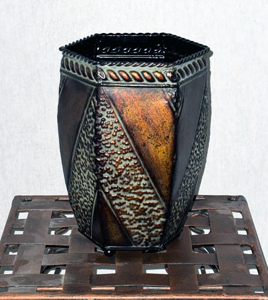 9-inch decorative metal hexagon container, featuring a unique multi-color and multi-finish design Silk Plants Canada