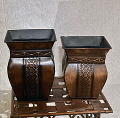 Set of 2 Decorative Metal Containers (Two-Tone Brown) | Versatile Home &amp; Garden Décor